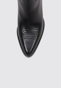 Bottines en cuir noir avec un bout pointu et un motif de couture décoratif à l'avant. Texture lisse et silhouette épurée.