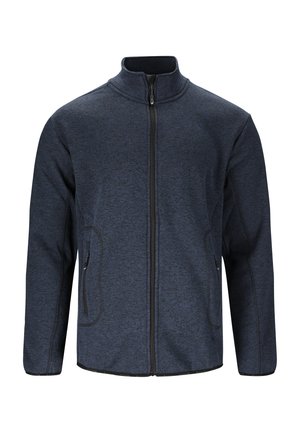 Veste zippée bleu foncé avec col montant, tissu texturé, deux poches latérales et bordure noire contrastante le long de la fermeture éclair et des coutures.