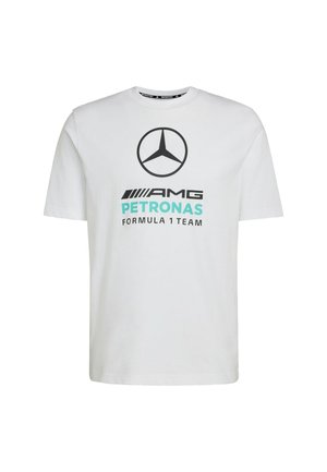 White cotton t-shirt featuring a black Mercedes-Benz logo and green "AMG PETRONAS FORMULA 1 TEAM" text, with a round neck design.