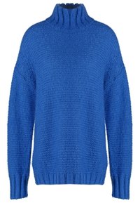 Pull à col roulé bleu en maille épaisse avec manches longues et poignets et ourlet côtelés.