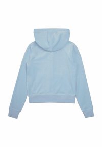 Ljusblå hoodie med mjuk textur, långa ärmar och snörning i huvan. Har ribbade ärmslut och nederkant, utan synliga mönster eller detaljer.