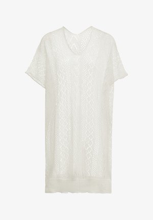 Fehér kötött ruha, V-nyakkal, rövid ujjakkal és nyitott szőésű dizájnnal, textúrált, mintás felülettel.