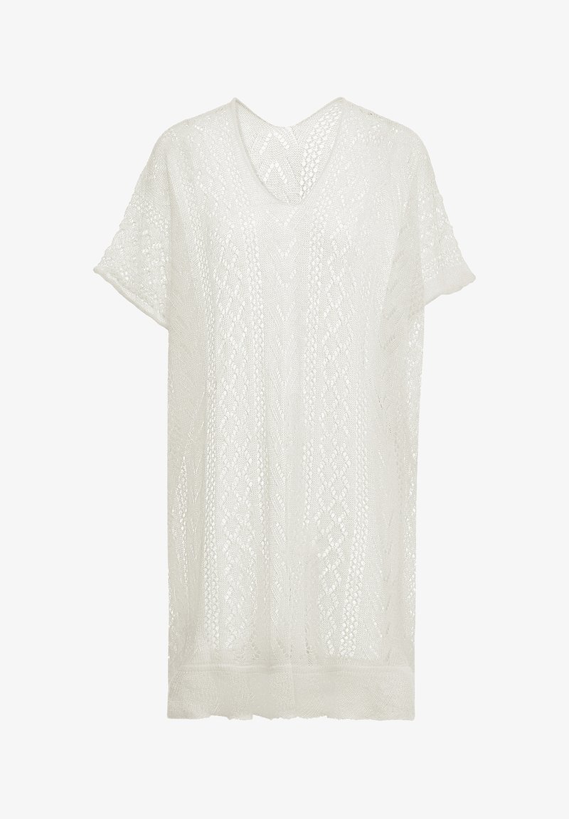 Fehér kötött ruha, V-nyakkal, rövid ujjakkal és nyitott szőésű dizájnnal, textúrált, mintás felülettel.