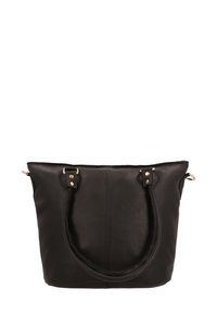 Borsa a mano nera in pelle con finitura testurizzata, dotata di due manici lunghi, dettagli in metallo color oro e un ampio interno.
