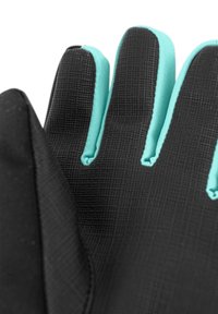 Schwarze Handschuhe mit strukturiertem Griff, mit türkisfarbenen Akzenten entlang der Fingerränder. Glattes Innenfutter, flexibles Material für Komfort.