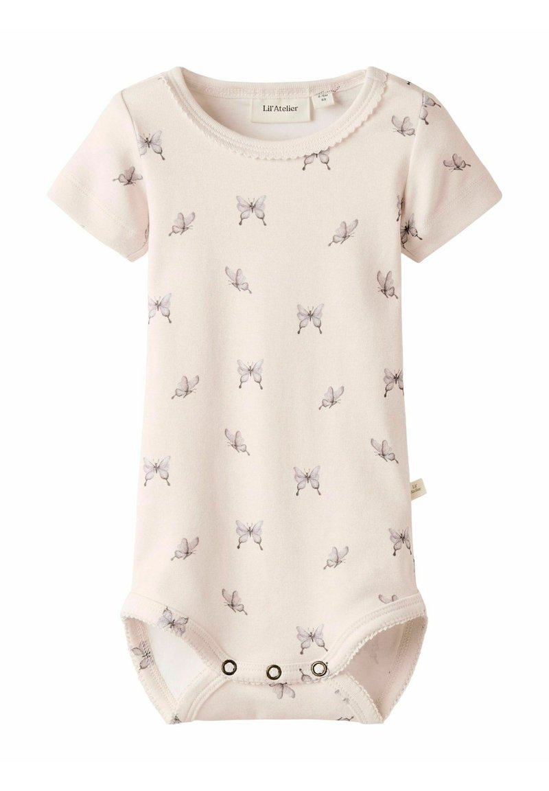 Light pink short-sleeve onesie made of cotton with a repeated butterfly print. Features snap closure at the bottom and a scalloped neckline.