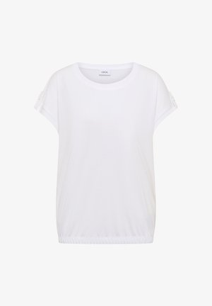 Blouse blanche à manches courtes avec col rond et manches retroussées ornées d'un détail bouton, ourlet élastiqué, étiquette "Cecil" à l'intérieur du col.