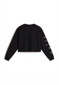 Zwarte cropped sweatshirt met lange mouwen, ronde halslijn en geborduurde accenten op de rechtermouw. Gemaakt van zachte, gestructureerde stof.