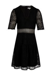 Abito in pizzo nero con scollatura a V, maniche corte e gonna svasata. Presenta intricati motivi floreali e un accento sulla vita con motivo.
