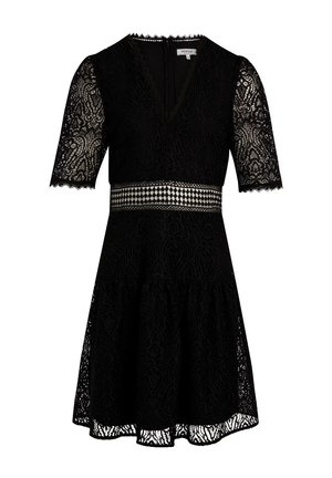 Black lace dress with a V-neck, short sleeves, and a flared skirt. Features intricate floral patterns and a patterned waistline accent.
