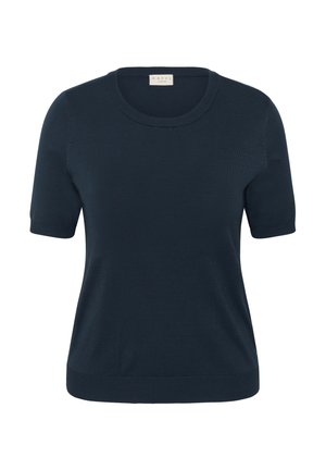 Tmavomodrý pletený top s krátkym rukávom, okrúhlym výstrihom a rebrovanými manžetami a lemom, s nápisom "Kaffe Curve" vo vnútri goliera.