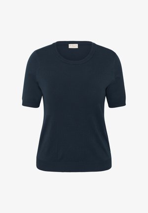 Tmavomodrý pletený top s krátkym rukávom, okrúhlym výstrihom a rebrovanými manžetami a lemom, s nápisom "Kaffe Curve" vo vnútri goliera.