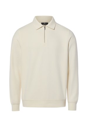 Langärmliges Poloshirt in Cremefarbe mit Kragen und halbseitigem Reißverschluss vorne, dargestellt auf weißem Hintergrund.