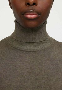 Olive zelena turtleneck pulover iz mehkega pletenega materiala, z rebrastim izrezom in teksturo, tesno prilega telesu ter ima minimalne detajle.