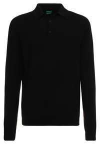 Svart långärmad polo tröja i mjukt tyg. Har en klassisk krage, treknappslås och ribbstickade ärmslut. Inga synliga mönster.