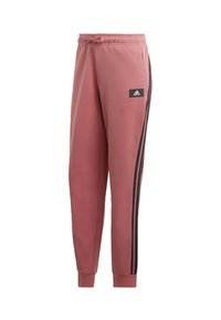 Roze sweatpants met zwarte zijstripes, elastische tailleband met trekkoord en zachte stof. Kenmerkt een klein zwart logo op de voorkant.