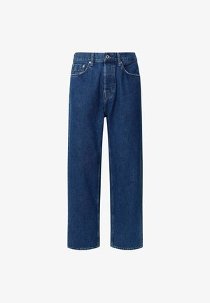 Blauwe denim jeans met een losse pasvorm, rechte pijpdesign, vijf zakken en subtiele stikseldetails. Voorzien van een sluiting met knoop en rits aan de voorkant.