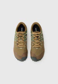 Chaussures de plein air en maille marron et verte avec des tiges texturées, des lacets dorés contrastants, des cols rembourrés et des semelles noires en caoutchouc striées.