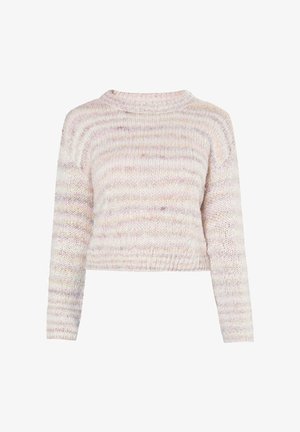 Pull cropped en tricot doux avec des manches longues dans un mélange pastel atténué de blancs, roses et beiges.
