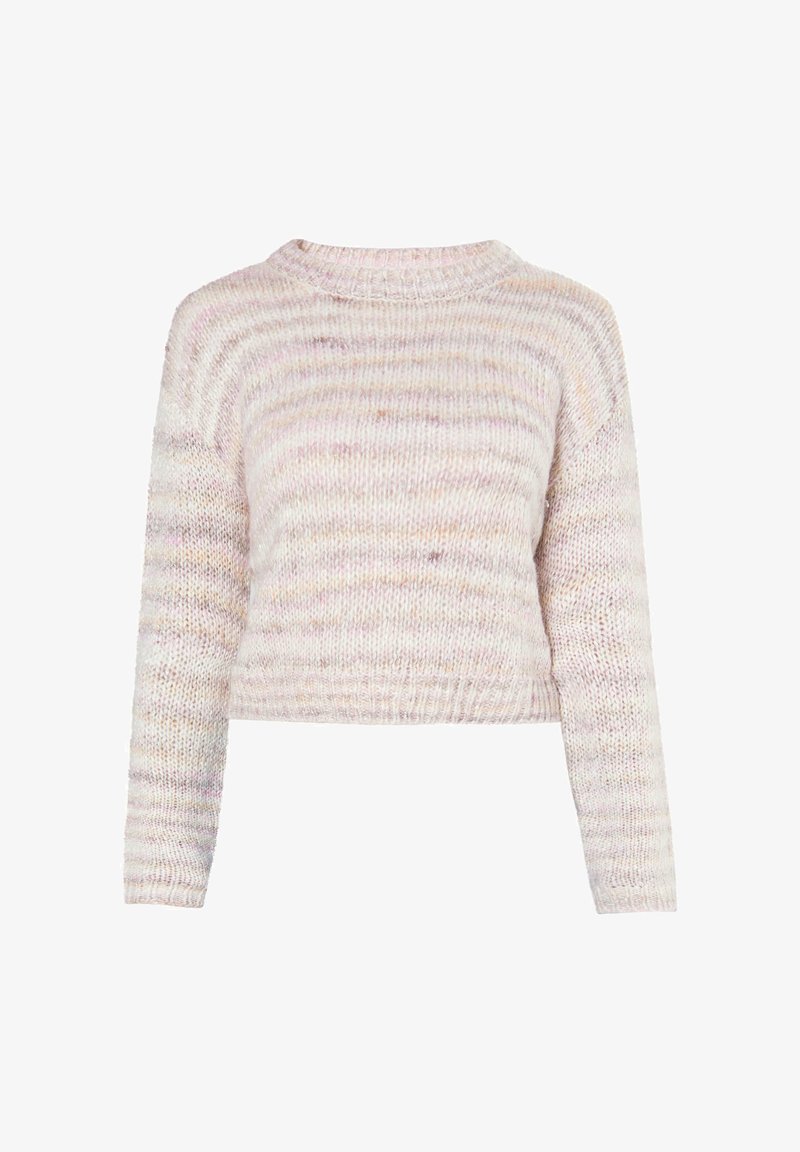 Maglione corto in maglia morbida con maniche lunghe, in una sfumatura pastello attenuata di toni bianchi, rosa e beige.