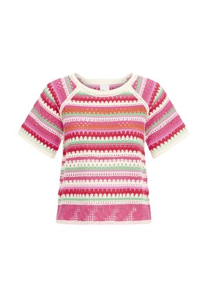 Top de punto de manga corta con rayas horizontales en rosa, rojo, naranja, blanco y verde, con una textura similar al encaje y escote redondo.