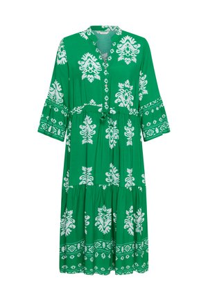 Zöld midi ruha fehér virágmintákkal, háromnegyedes ujjakkal, gombos elülső résszel, derékpánttal és réteges szoknyával.