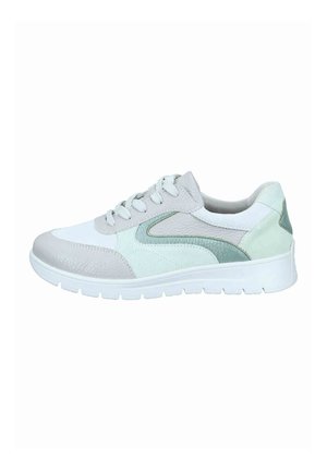 Casual lace-up sneaker in white, light gray, mint, and teal with textured panels and a thick white sole.