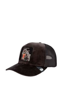 Black cap with a curved brim, suede front, mesh sides, and an embroidered patch depicting a roaring black panther with "STRENGTH" above.