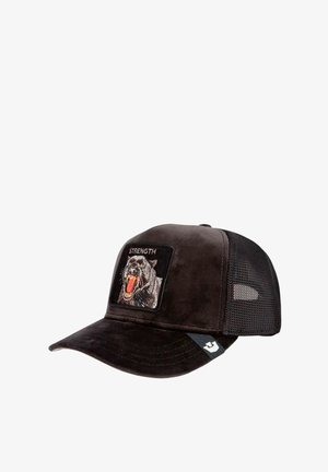 Schwarze Cap mit gebogenem Schirm, Wildlederfront, Mesh-Seiten und einem gestickten Patch, der einen brüllenden schwarzen Panther zeigt, mit "STRENGTH" darüber.