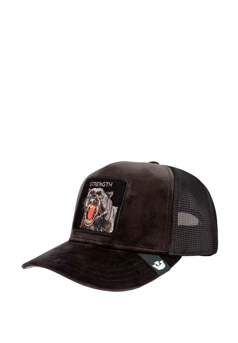 Black cap with a curved brim, suede front, mesh sides, and an embroidered patch depicting a roaring black panther with "STRENGTH" above.