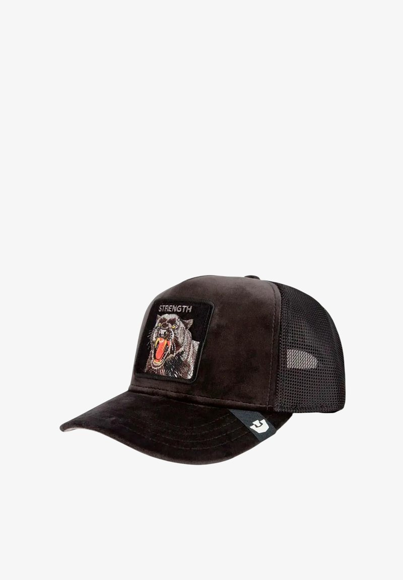 Gorra negra con visera curva, parte frontal de ante, lados de malla y un parche bordado que representa a un pantera negra rugiente con la palabra "FUERZA" arriba.