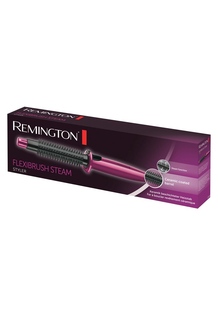 Estilizador Steam Remington Flexibrush en una caja negra y morada, que cuenta con un barril recubierto de cerámica y función de vapor, con un diseño de cepillo redondo.
