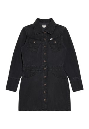 Svart skjortekjole i denim med lange ermer, knapper foran, brystlommer med klaff og spiss krage, merket Wrangler.