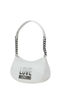 Biała skórzana torebka na ramię z srebrnym łańcuszkiem, z napisem "LOVE MOSCHINO" w metalicznym kroju. Gładka faktura, zaokrąglony kształt.