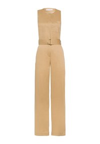 Combinaison beige sans manches avec col rond, poche poitrine, jambes larges et ceinture en tissu assortie avec boucle circulaire.