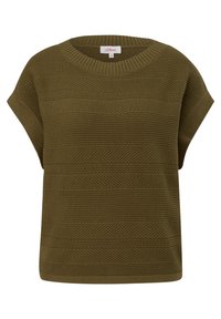 Olive green short-sleeve sweater with a round neckline, featuring textured horizontal stripes and a relaxed fit.
