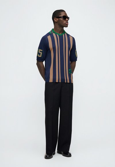 Άνδρας που φοράει γυαλιά ηλίου, μπλε σκούρο και καφέ ριγέ πόλο μπλούζα με πράσινο γιακά και μαύρο παντελόνι, στέκεται μπροστά σε απλό λευκό φόντο.