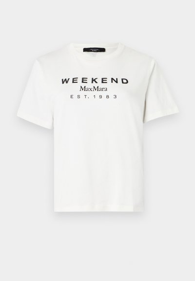 White cotton t-shirt with short sleeves. Black text "WEEKEND MaxMara EST.1983" printed on the front. Round neckline, relaxed fit.