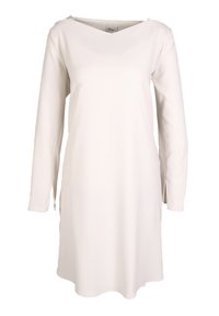 Langärmliges, V-Ausschnitt-Kleid aus solidem weißen Stoff. Verfügt über einen geraden Schnitt und seitliche Schlitze am Saum für mehr Bewegungsfreiheit.