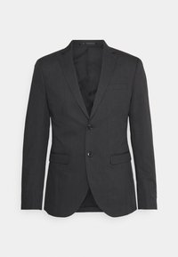 Blazer grigio scuro con chiusura a due bottoni, revers a punta e tasche a patta. Tessuto liscio con una leggera texture e interno completamente foderato.