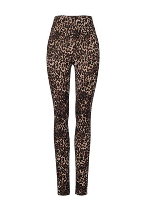 Leopard print leggings with a high waistband, made from smooth fabric, featuring a mix of brown and black spots on a beige background.