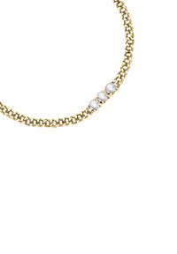 Collana in oro con tre gemme rotonde e trasparenti montate in un'accento a punte, che mostra una finitura liscia e lucida con maglie intrecciate.