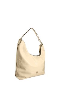 Beige schoudertas van imitatieleer met een afgeronde vorm, contrasterende zwarte bies en een enkele verstelbare band. Voorzien van metalen logodetail.