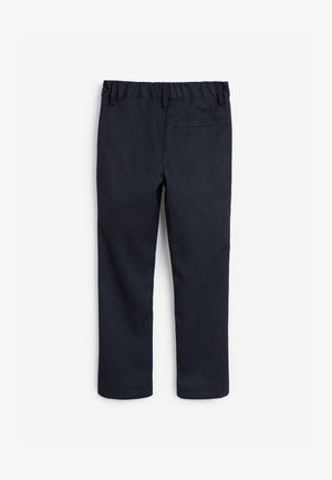 Tamsiai mėlynos kelnės su elastine juosta, tiesaus kirpimo, galiniu kišeniu ir lygiu paviršiumi. Papildomų dekoracijų nematoma.