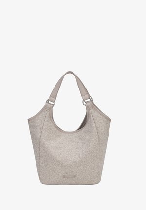 Borsa in tessuto beige con trama, manici larghi fissati da anelli metallici, apertura superiore curva e una piccola etichetta del marchio sul davanti.