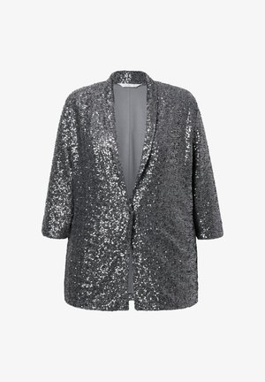 Zilveren paillettenjas met een losse pasvorm, open voorkant en 3/4 mouwen. Glad binnenvoering en gestructureerde buitenkant.