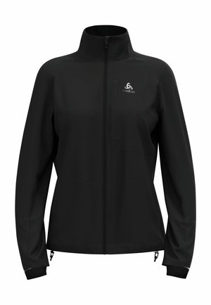 Black outdoor jacket made of smooth, lightweight fabric. Features a full zip, high collar, zippered pockets, and reflective accents.