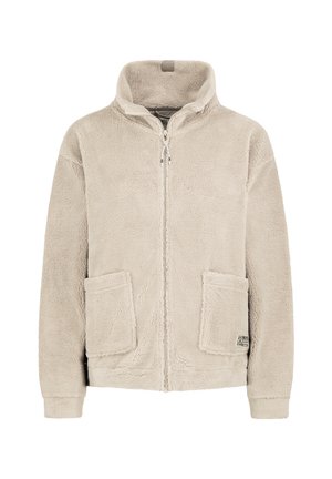 Beige zip-up fleece jacket with stand collar, two large front pockets, and long sleeves. Soft, textured fabric for warmth.