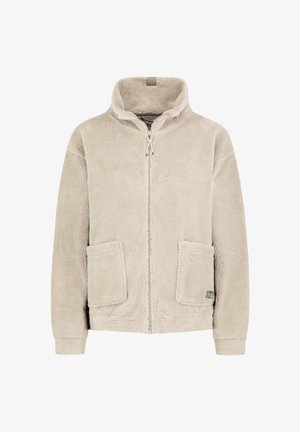 Beige Fleece-Jacke mit Reißverschluss, Stehkragen, zwei großen Fronttaschen und langen Ärmeln. Weicher, strukturierter Stoff für Wärme.