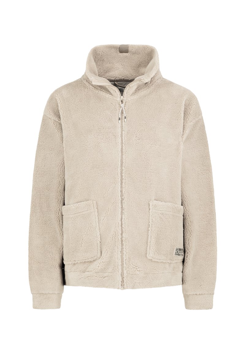 Beige Fleece-Jacke mit Reißverschluss, Stehkragen, zwei großen Fronttaschen und langen Ärmeln. Weicher, strukturierter Stoff für Wärme.